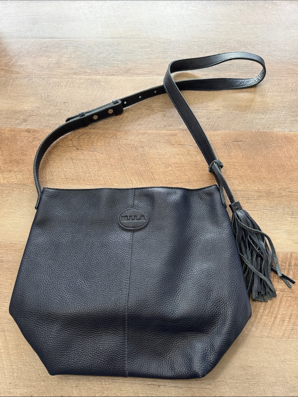 Deep Navy Leather Crossbody Bag with Tassel
